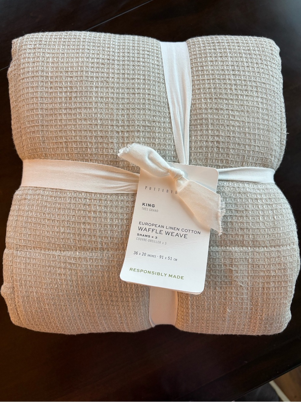 3 Pottery Barn King Size European Linen Cotton Waffle Weave Shams x 3 Flax NEW